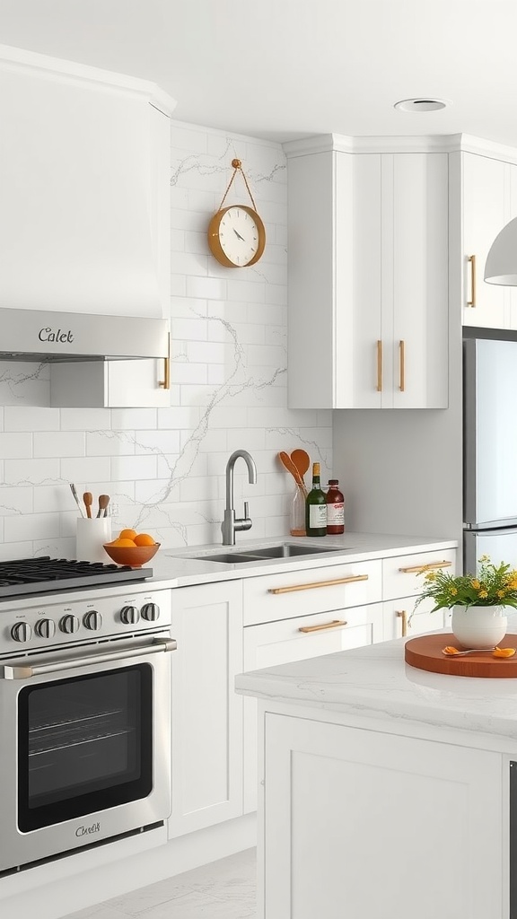 Modern kitchen featuring a marble-inspired backsplash, white cabinets, and gold hardware.