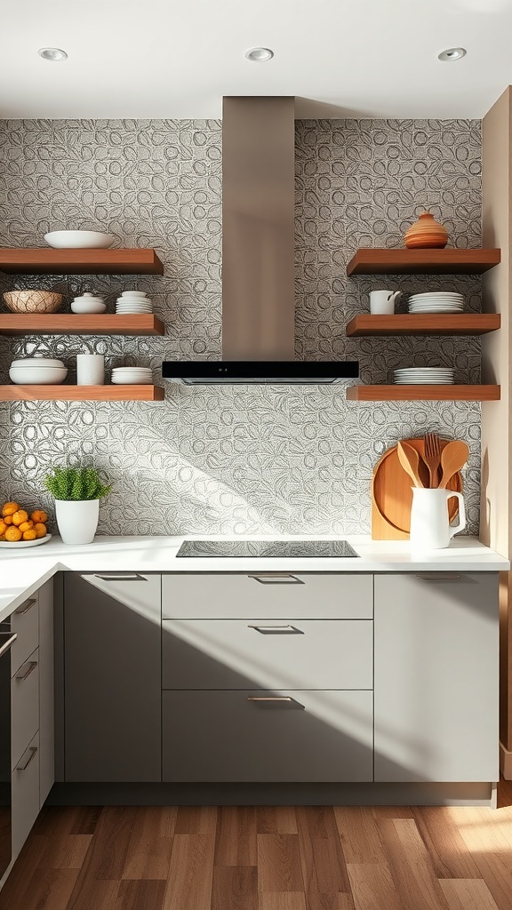 A modern kitchen featuring a metallic accented backsplash, wooden shelves, and sleek cabinetry.