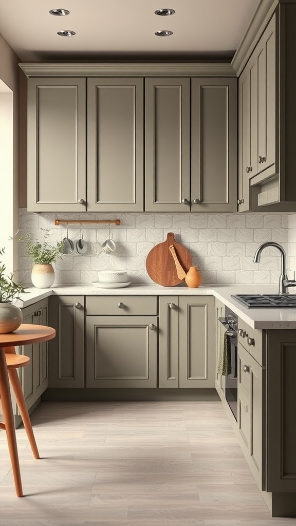 A kitchen featuring muted olive and soft taupe cabinets with a light countertop and wooden decor.