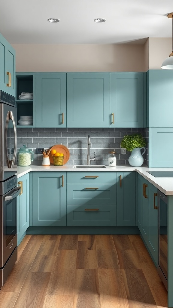 A kitchen featuring muted teal cabinets, warm gray walls, and gold hardware, with a dark gray backsplash and wooden flooring.