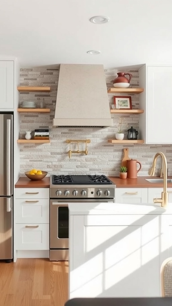 A modern kitchen featuring a natural stone backsplash, wooden shelves, and stainless steel appliances.