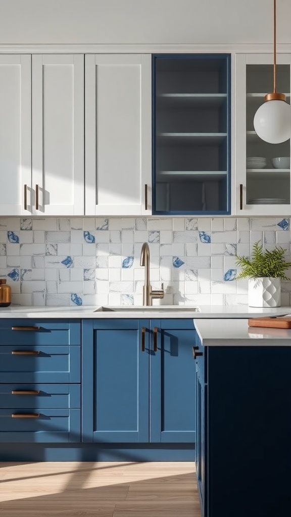 A stylish kitchen featuring navy blue and white cabinets with gold hardware