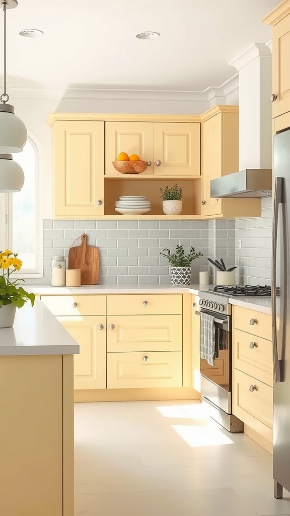 A kitchen with pale yellow cabinets and soft gray backsplash, featuring natural light, wooden elements, and green plants.