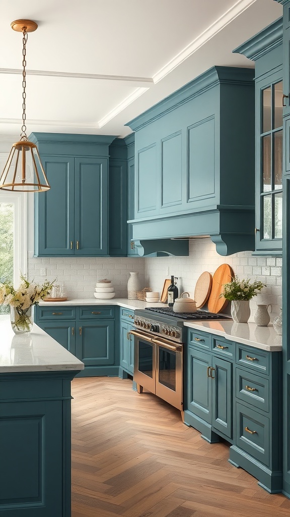 A kitchen with peacock blue cabinets and soft beige countertops, featuring brass hardware and herringbone flooring