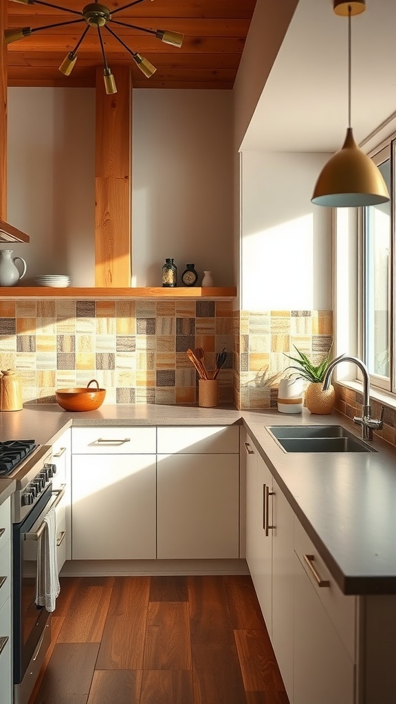 Modern kitchen featuring a radiant earth tone backsplash with patchwork tiles in warm colors.