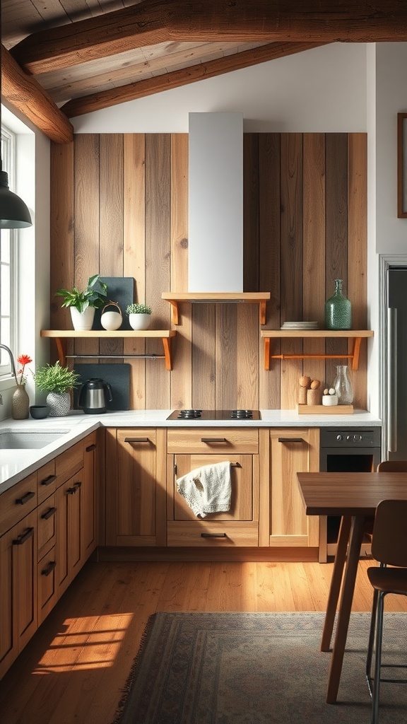 A mid-century modern kitchen featuring a reclaimed wood backsplash, wooden cabinets, and bright countertops.