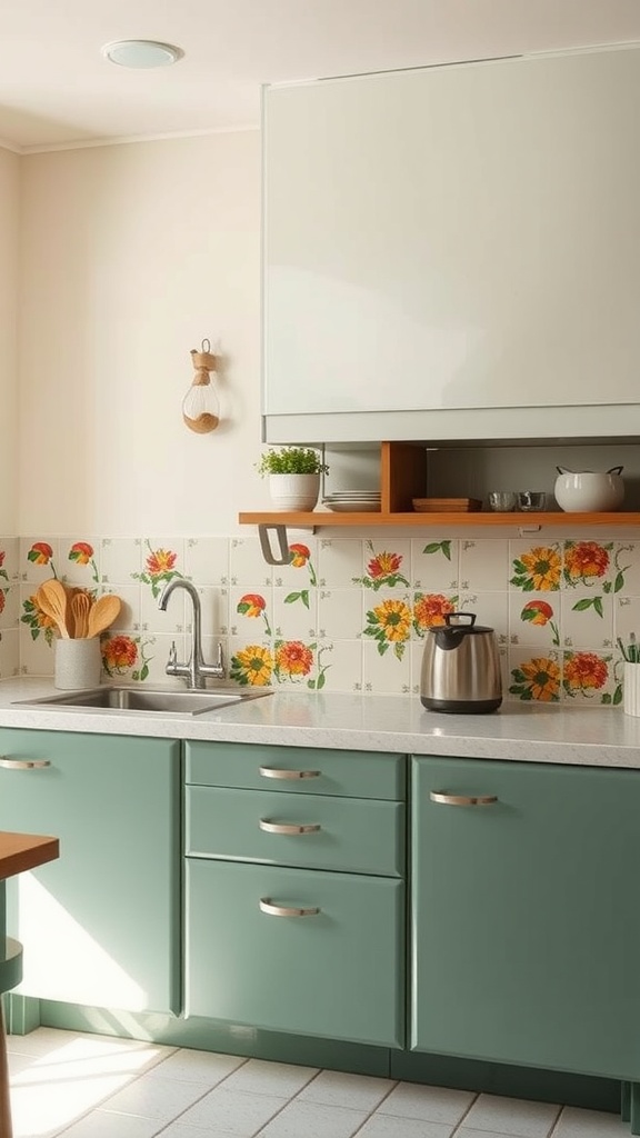 A kitchen featuring a retro floral backsplash with vibrant flowers, mint green cabinets, and modern appliances.