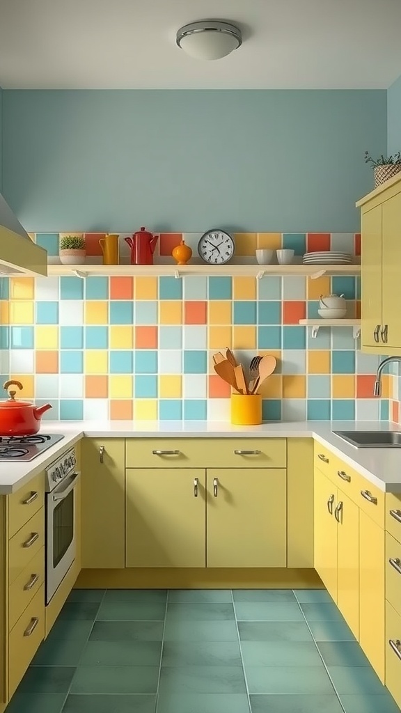 A colorful mid-century modern kitchen with a vibrant ceramic tile backsplash featuring orange, blue, and yellow tiles.