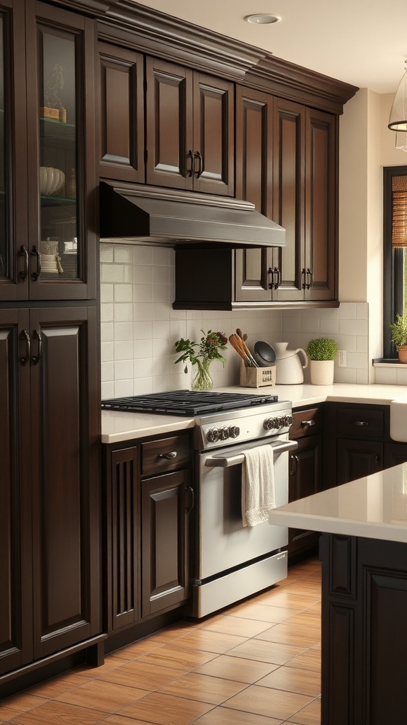 A kitchen featuring rich chocolate colored cabinets with creamy vanilla accents.