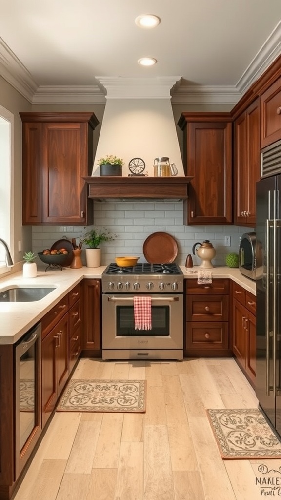 A rustic brown and ivory chic kitchen with wooden cabinets, light countertops, and decorative elements.