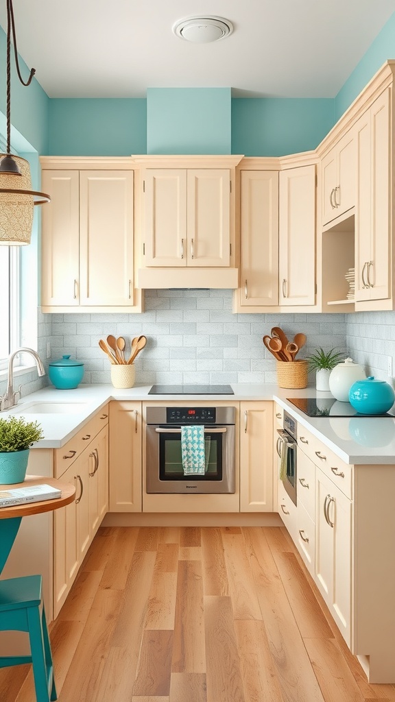 A kitchen featuring sand beige cabinets and turquoise accents