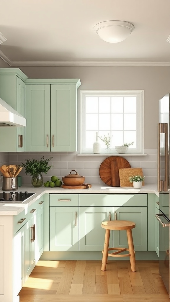 A kitchen with seafoam green cabinets and natural wood accents, featuring a cozy and inviting layout.