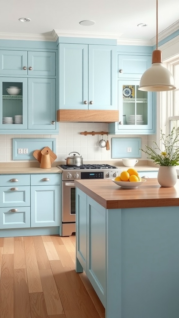 A modern kitchen featuring sky blue cabinets and light oak wood accents.