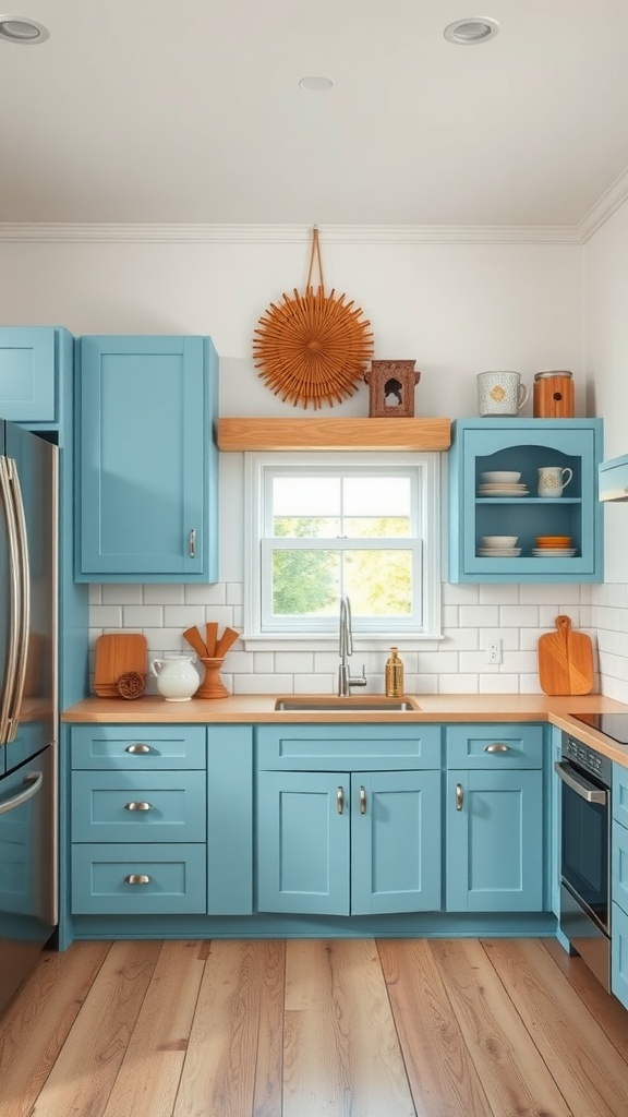 A kitchen with sky blue cabinets and sandy beige accents, featuring light wood countertops and open shelving.