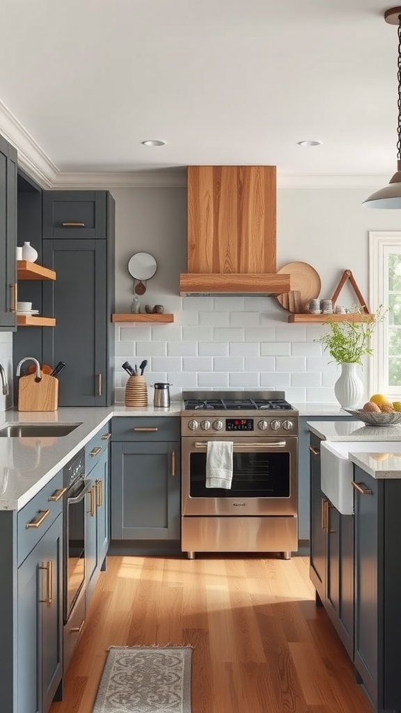 A modern kitchen featuring slate gray cabinets, honey oak accents, and stainless steel appliances.