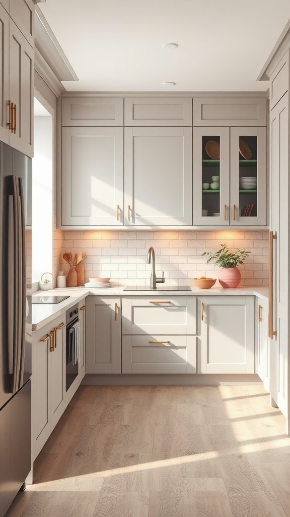 A modern kitchen featuring soft gray cabinets with blush pink accents and gold hardware.