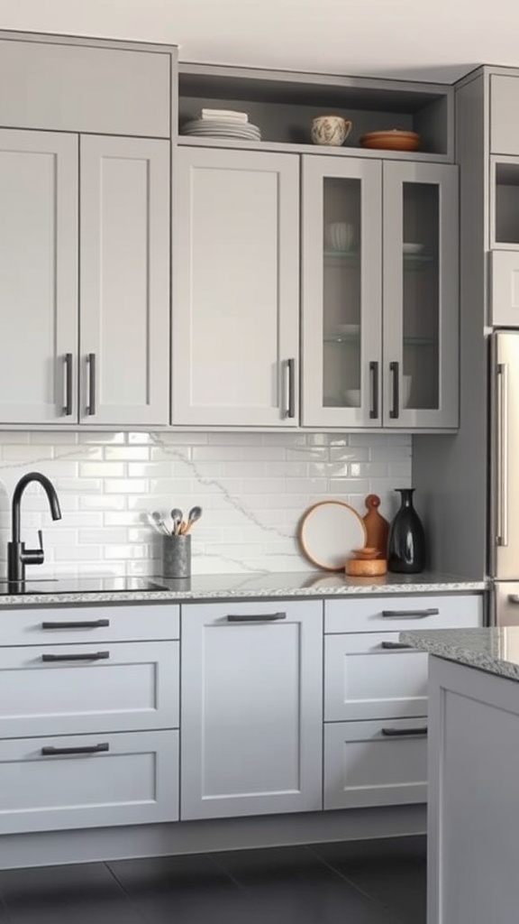 A modern kitchen featuring soft gray and rich charcoal cabinets with a granite countertop and stylish accents.