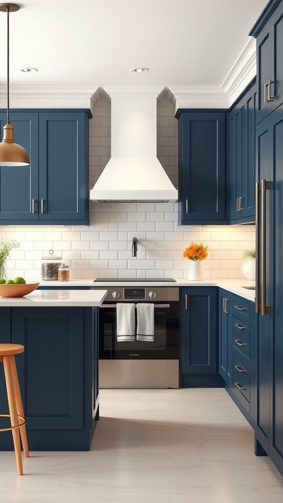 A kitchen featuring steel blue cabinets and creamy white accents, showcasing a modern design.