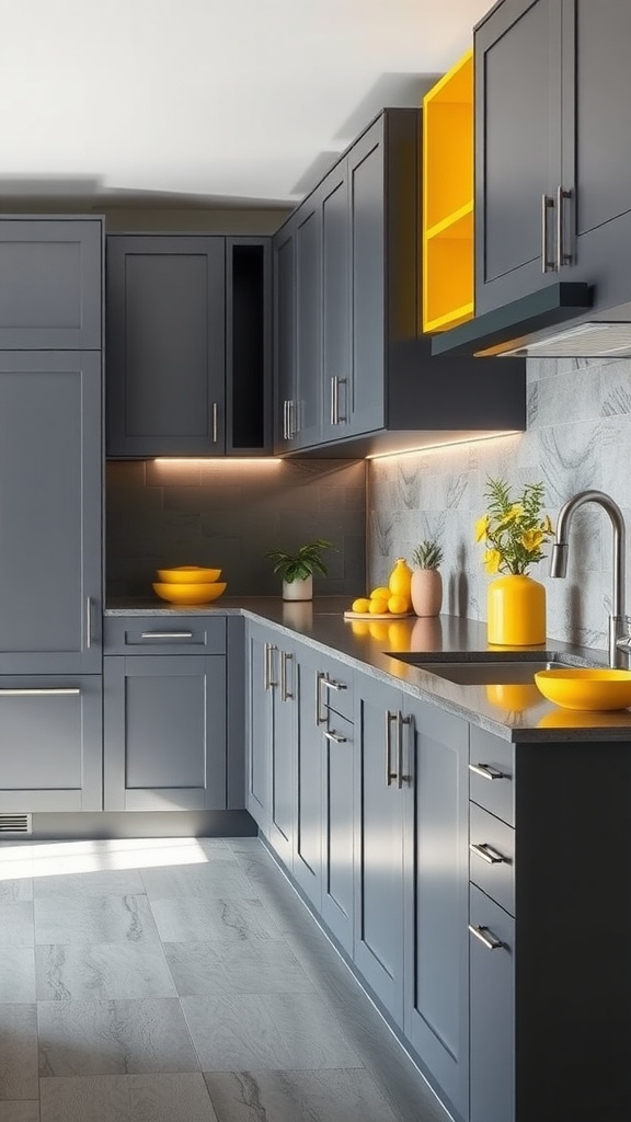 A modern kitchen with steel gray cabinets and bright yellow accents, featuring open shelving and decorative items.