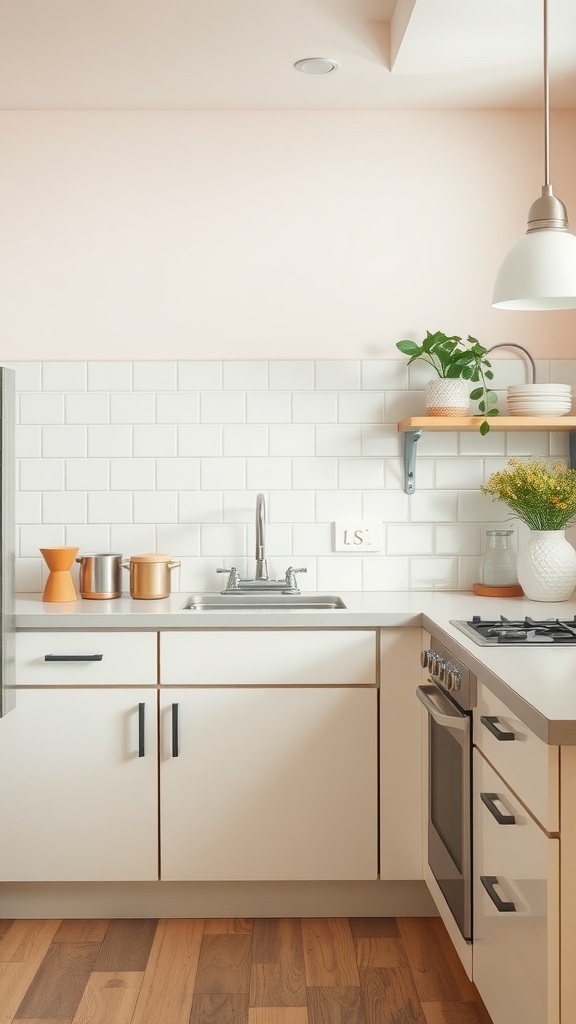 Modern kitchen with pastel pink walls, white subway tile backsplash, and wooden shelves