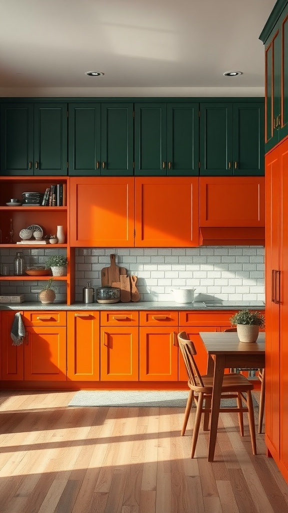 A kitchen with sunset orange lower cabinets and deep forest green upper cabinets, featuring a wooden dining table and natural wood flooring.