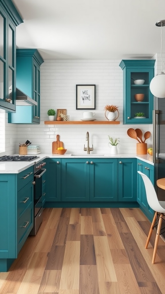 A modern kitchen featuring teal cabinets with white accents and natural wood flooring.