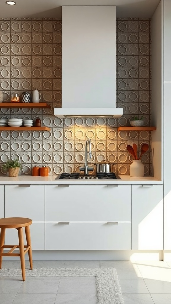 A modern kitchen showcasing a textured 3D tile backsplash with circular patterns, complemented by white cabinetry and wooden shelves.