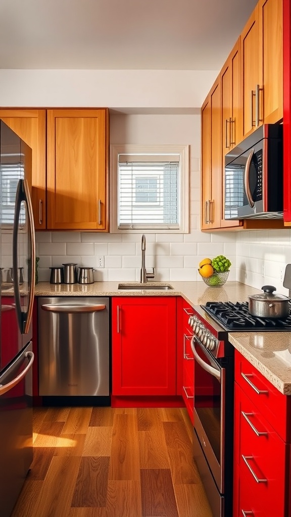 A modern kitchen featuring vibrant red and warm maple cabinets, with stainless steel appliances and a cozy feel.