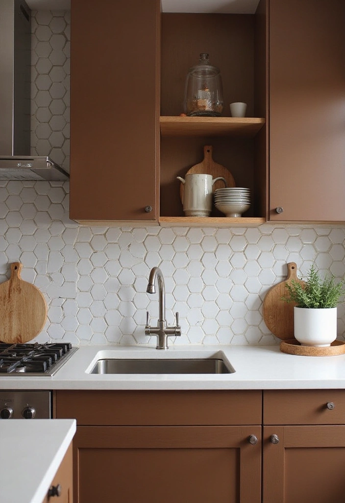 15 Jaw-Dropping Kitchen Backsplash Ideas to Elevate Your Brown Cabinets! - 14. Chic Hexagonal Tiles