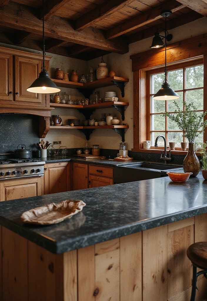 20 Jaw-Dropping Kitchen Interiors with Black Granite Tops That Redefine Elegance! - 2. Rustic Charm with a Black Granite Twist