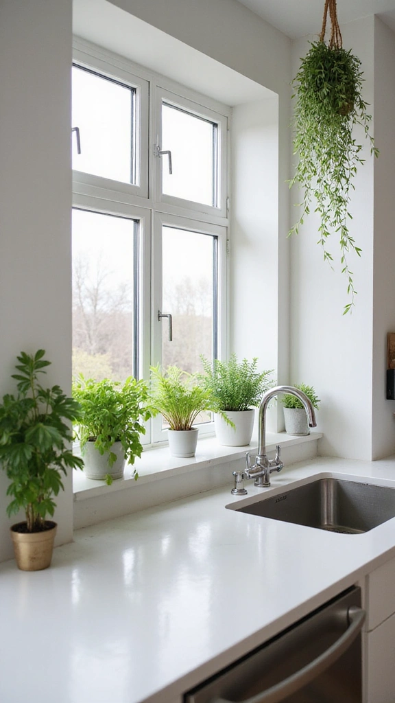 20 Beautiful Modern Minimalist Kitchen Ideas for a Clutter-Free Look - 7. Greenery to Refresh the Space