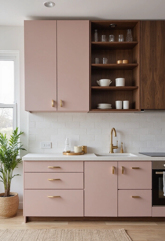 20 Eye-Catching Kitchen Cabinet Color Combos for a Modern Look - 8. Blush Pink and Dark Walnut