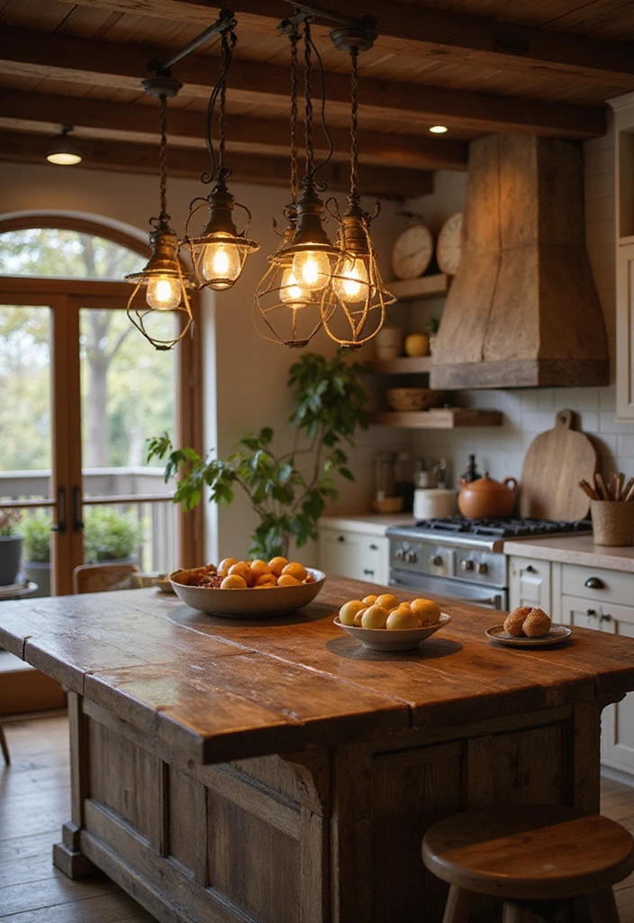 25 Stunning Rustic Farmhouse Kitchen Islands You’ll Wish You Had! - 13. Rustic Lighting Fixtures