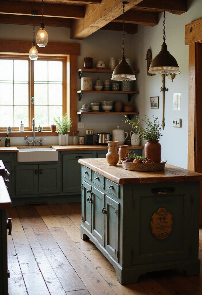 20 Antique Kitchen Islands That Will Make You Fall in Love with Vintage Decor! - 6. Rustic Farmhouse Island with Butcher Block Top