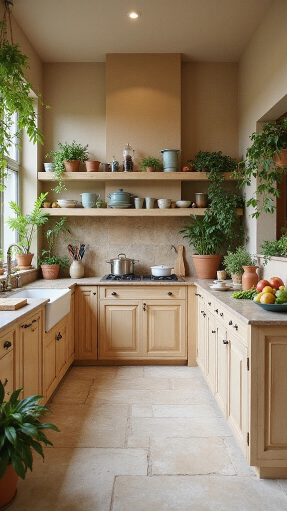 20 Modern Kitchen Ideas in Neutral Colors That Feel Effortlessly Elegant! - 2. Earthy Beige Tones with a Pop of Green