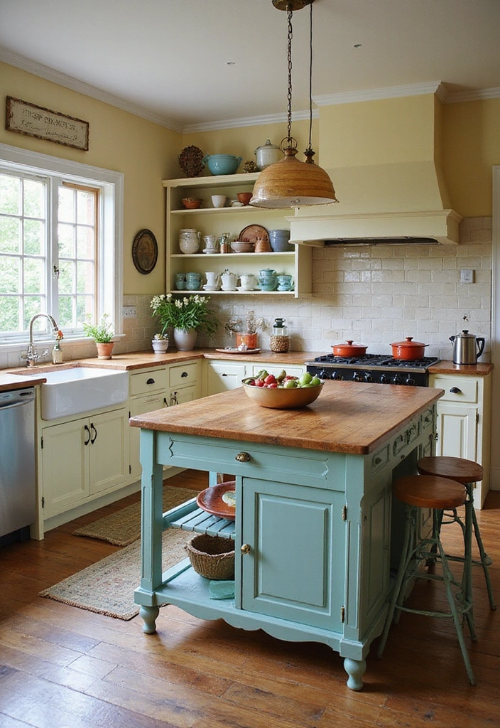 20 Antique Kitchen Islands That Will Make You Fall in Love with Vintage Decor! - 7. Colorful Vintage Statement