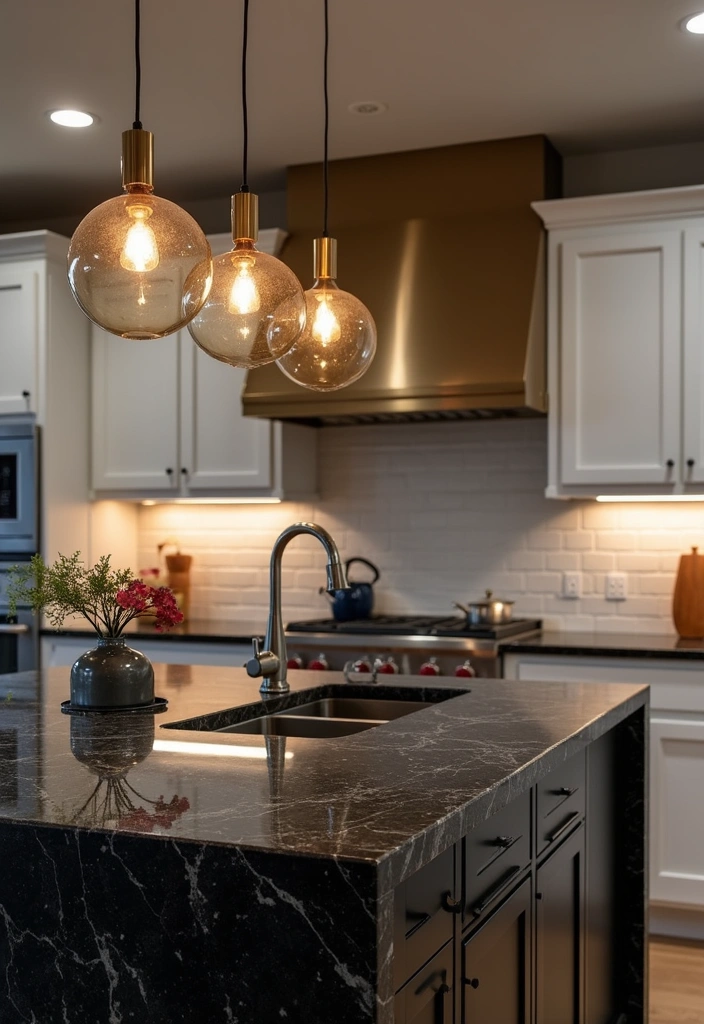 20 Jaw-Dropping Kitchen Interiors with Black Granite Tops That Redefine Elegance! - 13. Statement Lighting Above Black Granite