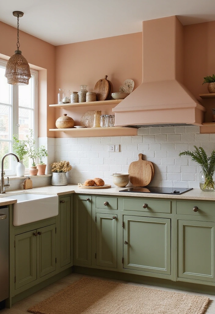 20 Eye-Catching Kitchen Cabinet Color Combos for a Modern Look - 11. Olive Green and Soft Peach