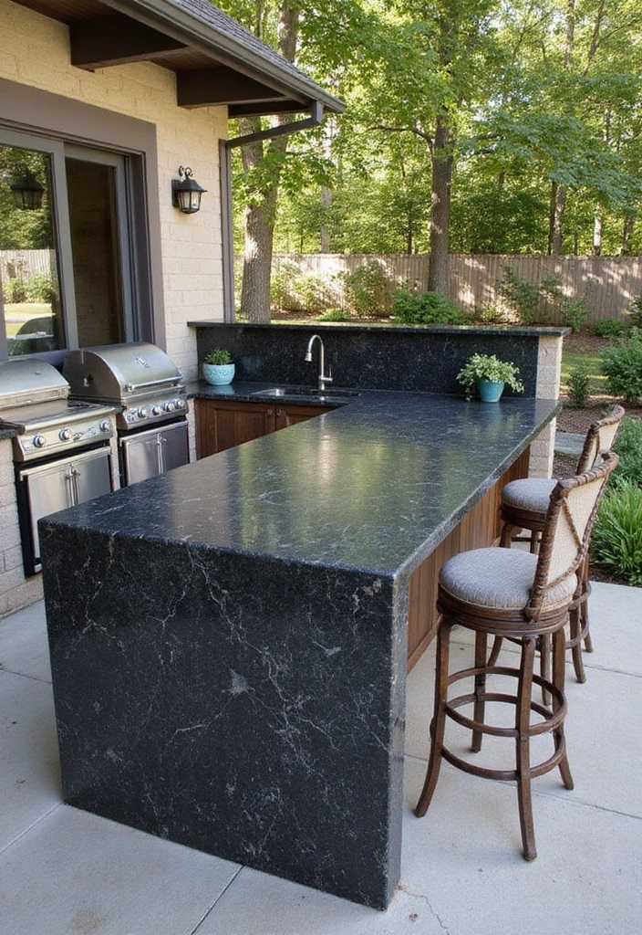 20 Jaw-Dropping Kitchen Interiors with Black Granite Tops That Redefine Elegance! - 19. Outdoor Kitchens with Black Granite