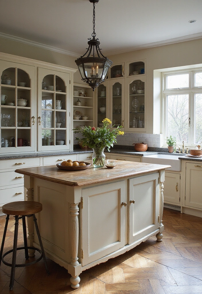 20 Antique Kitchen Islands That Will Make You Fall in Love with Vintage Decor! - 18. Elegant Antique Island with Glass Display