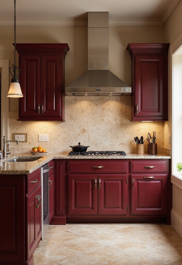 20 Eye-Catching Kitchen Cabinet Color Combos for a Modern Look - 10. Deep Burgundy and Soft Beige