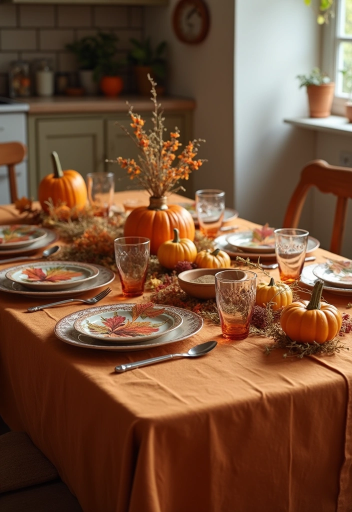 20 Fall Kitchen Decor Accents That Bring Warmth to Your Home (You’ll Love #11!) - 1. Warm Hues Tablecloths