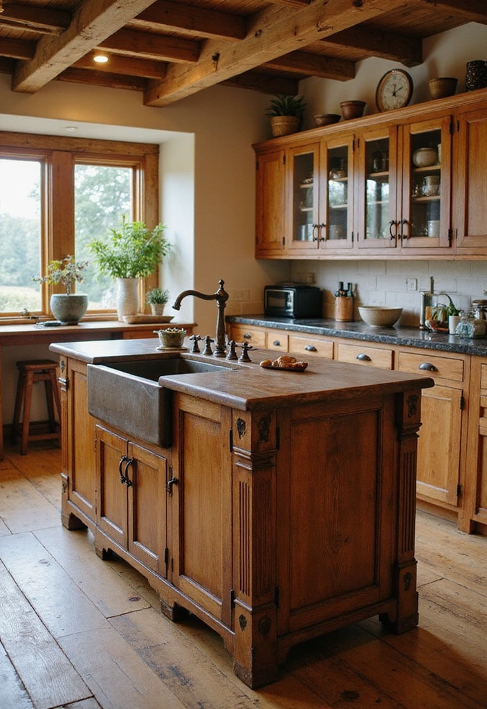 20 Antique Kitchen Islands That Will Make You Fall in Love with Vintage Decor! - 17. Farmhouse Island with a Sink