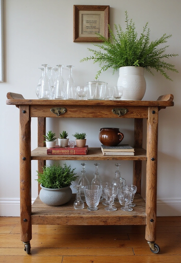 20 Apothecary Aesthetic Kitchen Ideas That'll Transform Your Cooking Space! - 15. Rustic Bar Cart