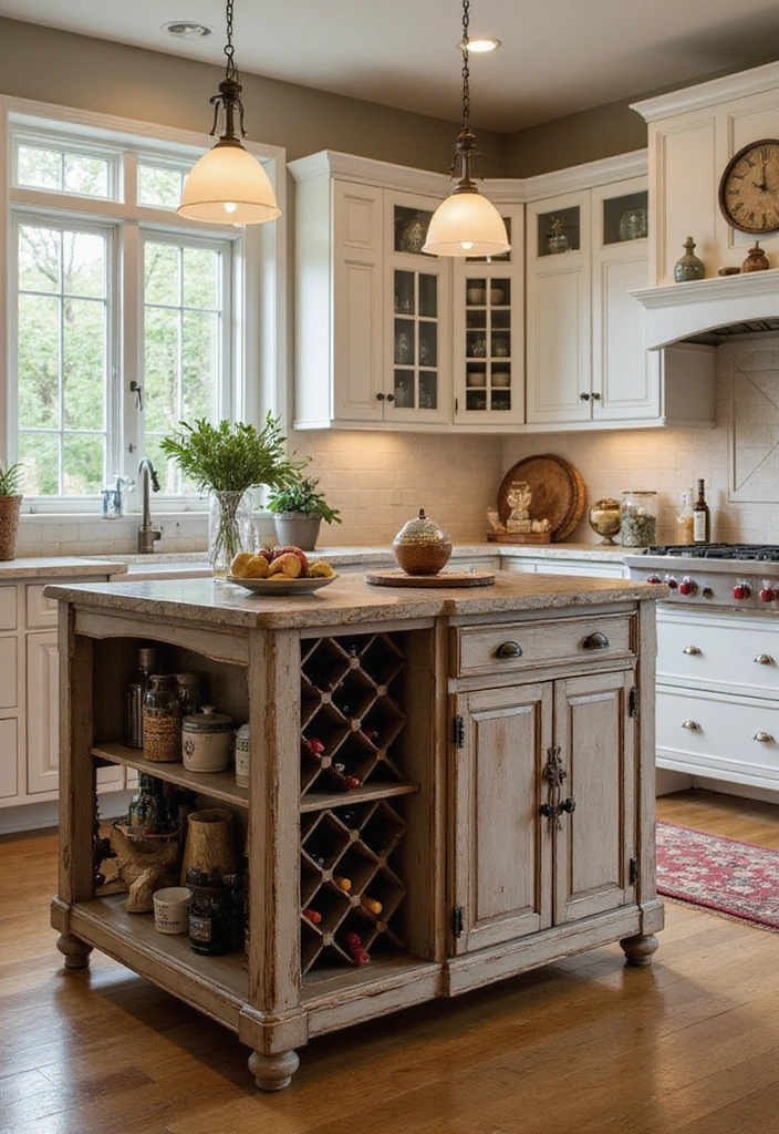 20 Antique Kitchen Islands That Will Make You Fall in Love with Vintage Decor! - 9. Antique Island with Built-in Wine Rack