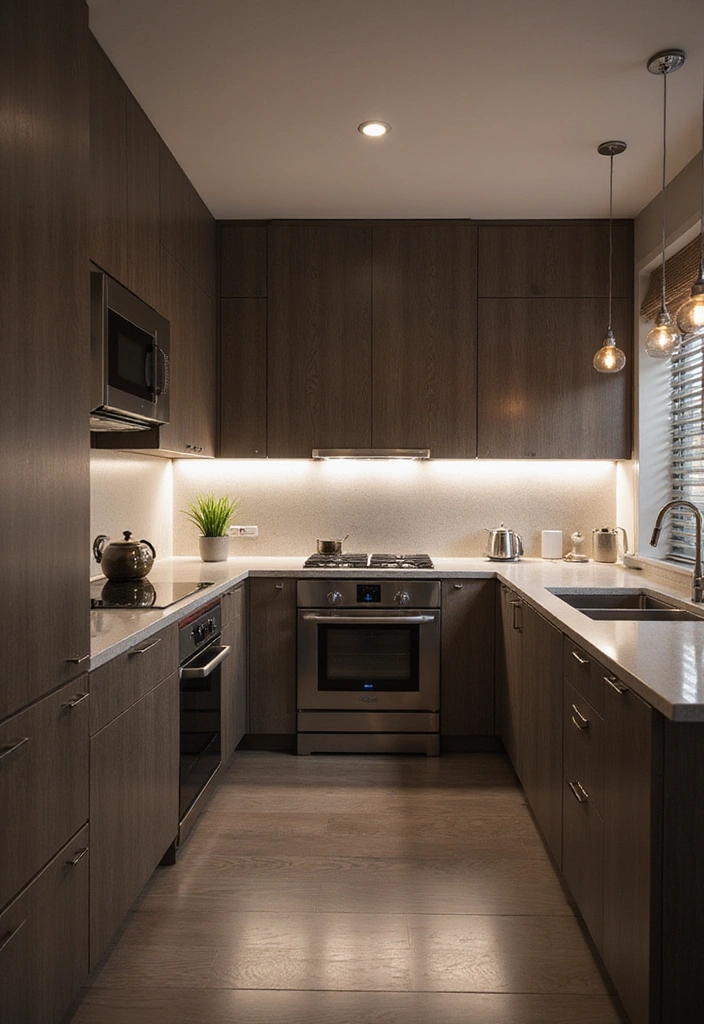 20 Sleek Kitchens with Built-In Appliances That Blend Beautifully - 18. Layered Lighting Techniques