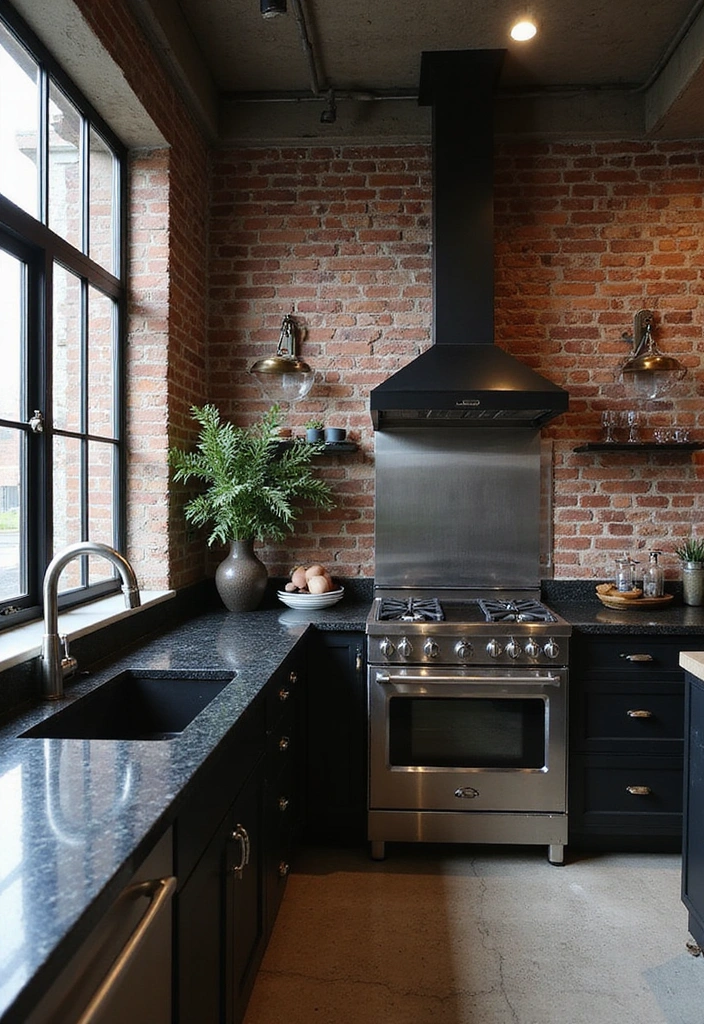 20 Jaw-Dropping Kitchen Interiors with Black Granite Tops That Redefine Elegance! - 8. Industrial Chic with Black Granite