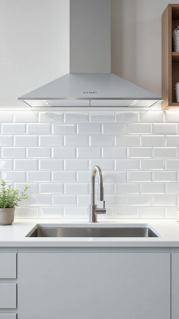 25 Stylish White Kitchen Backsplash Ideas That Will Upgrade Your Space Instantly! - 2. Shimmering White Glass Tiles