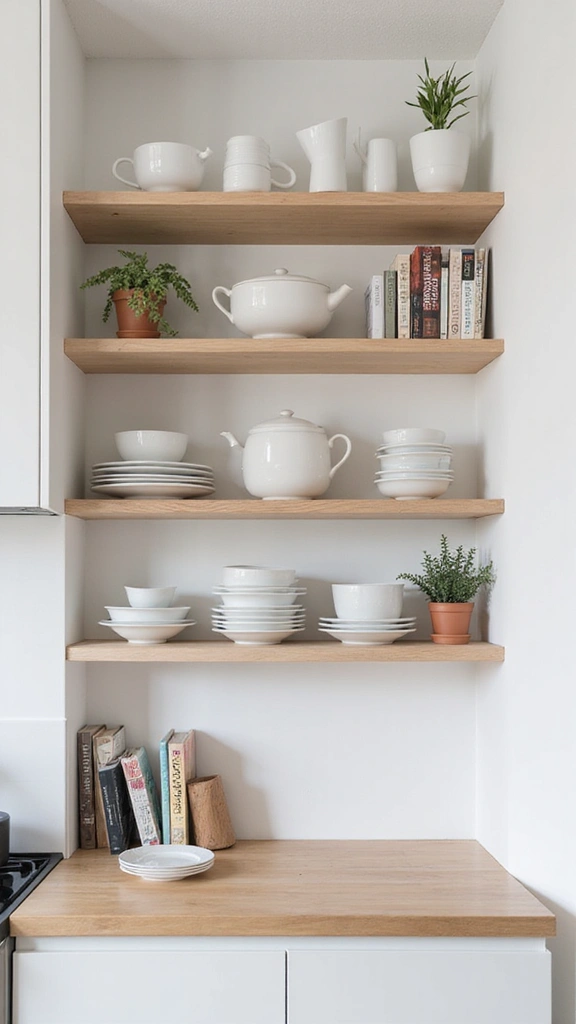 20 Beautiful Modern Minimalist Kitchen Ideas for a Clutter-Free Look - 2. Open Shelving for Display and Function