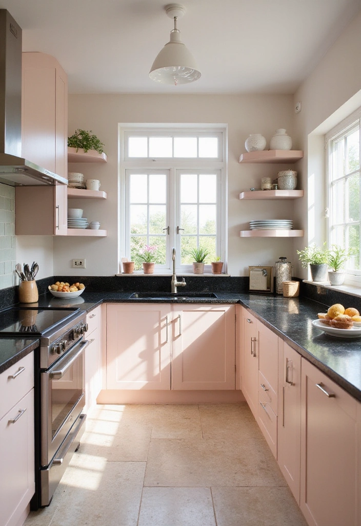 20 Jaw-Dropping Kitchen Interiors with Black Granite Tops That Redefine Elegance! - 9. Soft and Subtle: Elegant Pastels